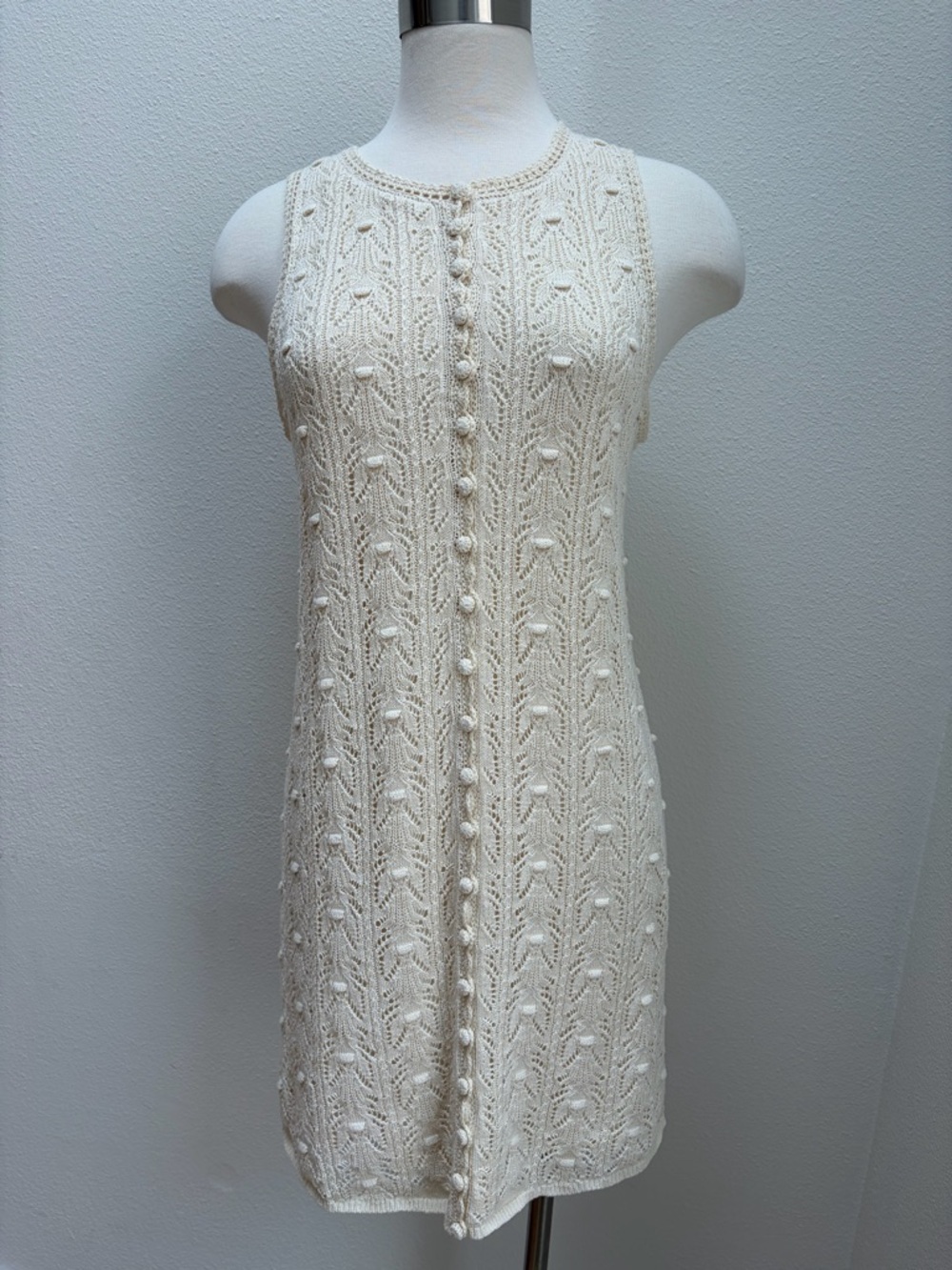 Sezane Willa Mini Dress Sleeveless Crochet Knit Bobble Cotton Cream Size Medium - Picture 2 of 14